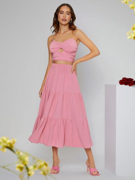 cut out twist front shirred back cami & ruffle hem skirt r2tw#, White
cut out twist front shirred back cami & ruffle hem skirt r2tw#, White