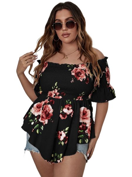 plus floral print off shoulder shirred flounce sleeve peplum chiffon blouse q6hz#, Black
plus floral print off shoulder shirred flounce sleeve peplum chiffon blouse q6hz#, Black