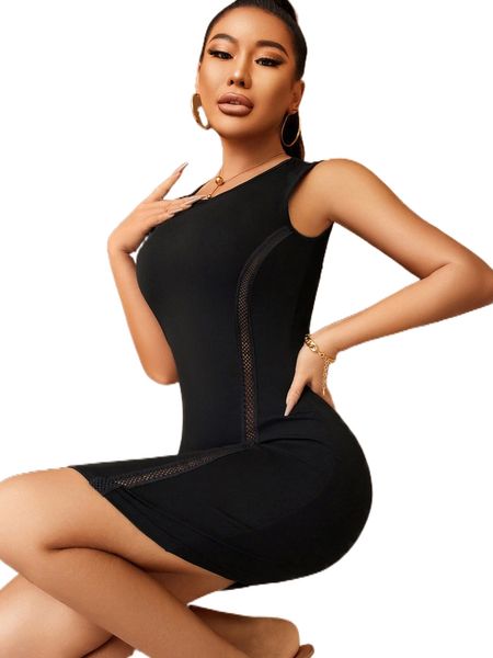 mesh insert bodycon dress v0fp#, Black;gray
