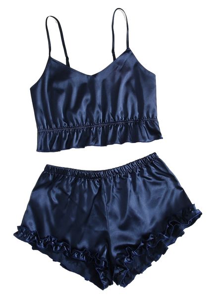 frill detail satin cami & shorts pj set b60n#, Black;red