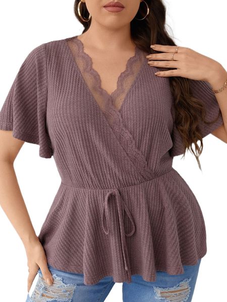 plus lace trim butterfly sleeve knot front peplum tee w9nu#, Black 
plus lace trim butterfly sleeve knot front peplum tee w9nu#, Black