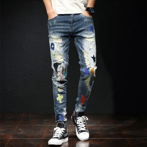 men's jeans design men's elastic small leg jeans with embroidery hole sticking cloth slim pants 817 31ci, Blue
men's jeans design men's elastic small leg jeans with embroidery hole sticking cloth slim pants 817 31ci, Blue