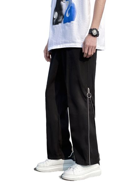men zipper side straight leg pants y7nq#, Black