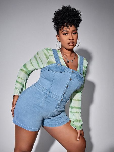 plus flap detail button front denim overalls s7xt#, Black;white