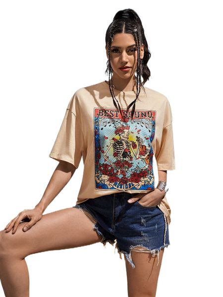 skeleton & letter graphic drop shoulder tee k28f#, White 
skeleton & letter graphic drop shoulder tee k28f#, White