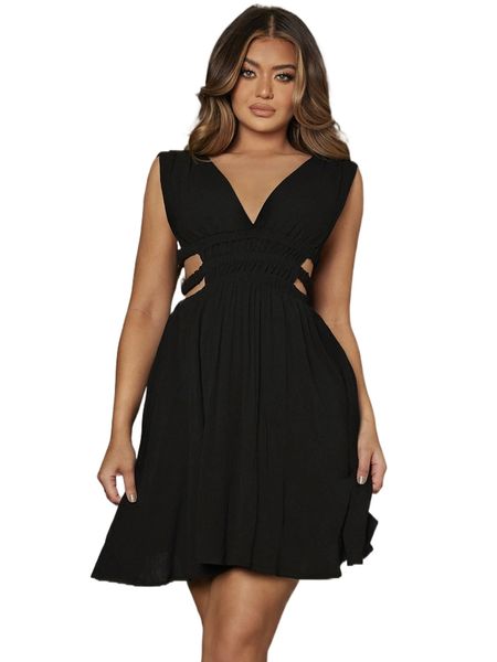 double v-neck cut out elastic waist dress x73g#, Black;gray 
double v-neck cut out elastic waist dress x73g#, Black;gray