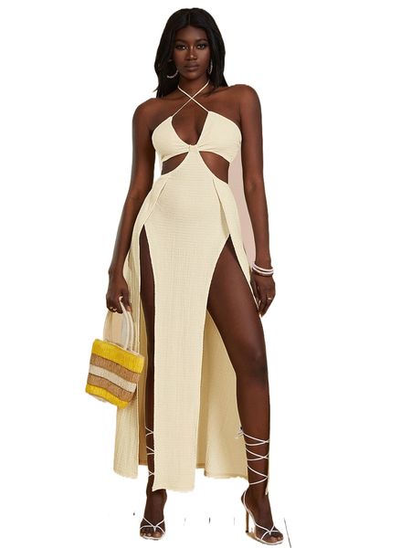 halter neck criss cross cut out backless split thigh dress 737b#, Black;gray