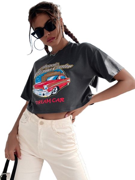 car and letter graphic drop shoulder crop tee p3wx#, White