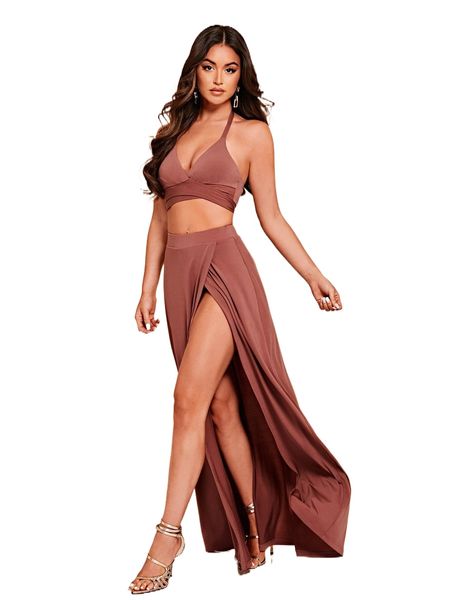 bae tie backless halter & split thigh skirt set f4ql#, White 
bae tie backless halter & split thigh skirt set f4ql#, White