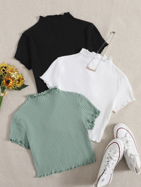 3pcs solid rib-knit frill tee w5u6#, White