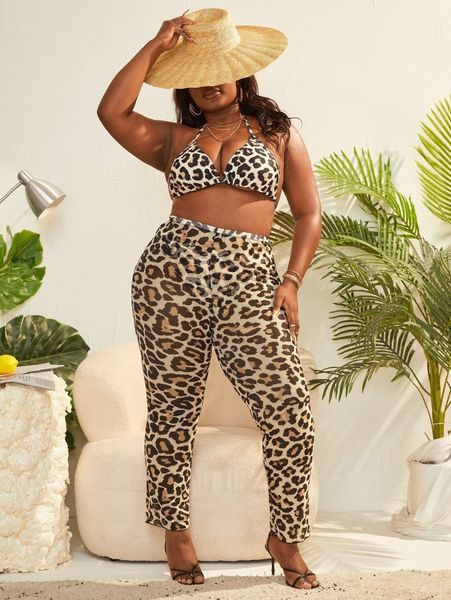 plus leopard halter triangle high waisted bikini swimsuit with cover up k9nd#, White;black
plus leopard halter triangle high waisted bikini swimsuit with cover up k9nd#, White;black