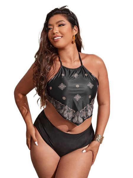 plus paisley print tie back hanky hem halter high waist bikini swimsuit s2gu#, White;black
plus paisley print tie back hanky hem halter high waist bikini swimsuit s2gu#, White;black