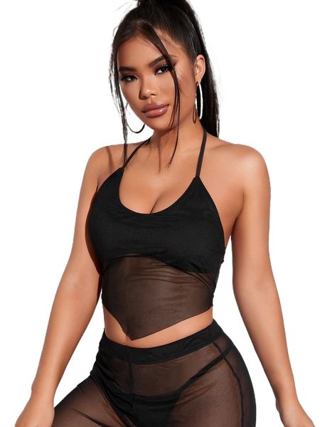 sxy contrast mesh tie backless halter 84qc#, White
sxy contrast mesh tie backless halter 84qc#, White