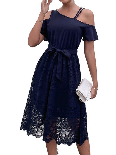 cut out asymmetrical neck belted lace dress a1yk#, Black;gray
cut out asymmetrical neck belted lace dress a1yk#, Black;gray