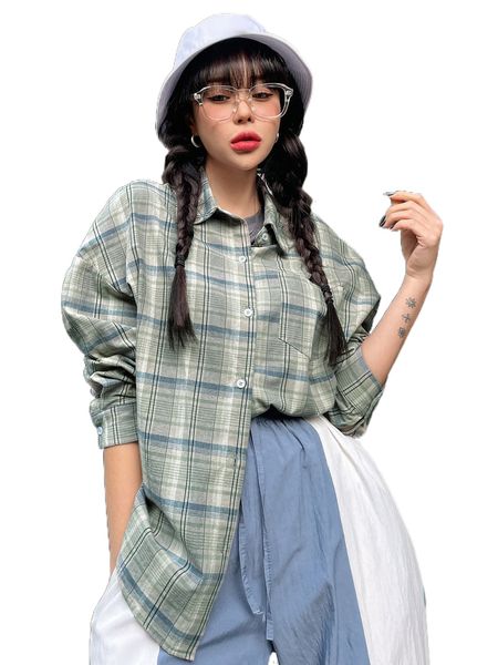 dazy plaid patched pocket drop shoulder blouse k7c5#, White 
dazy plaid patched pocket drop shoulder blouse k7c5#, White