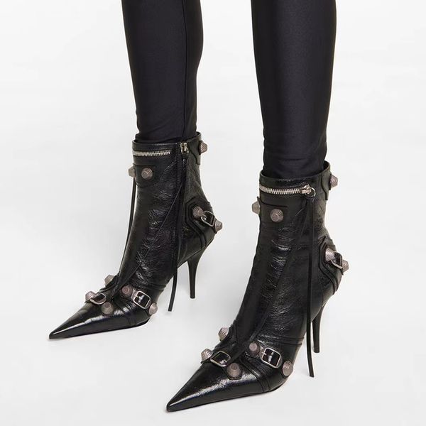 quality motorcycle boots for womens stud buckle embellished 100% leather stiletto shoes designers 9cm high heeled ankle boot, Black
quality motorcycle boots for womens stud buckle embellished 100% leather stiletto shoes designers 9cm high heeled ankle boot, Black