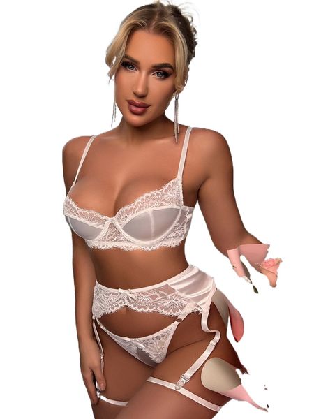 contrast lace underwire garter lingerie set with 1pair leg ring r02c#, Black;red