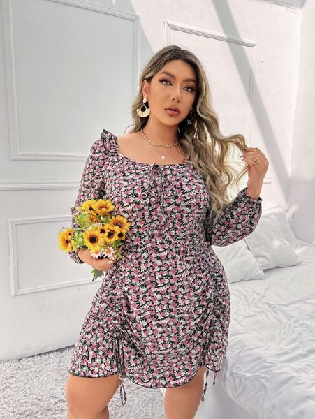 plus ditsy floral drawstring tie front lantern sleeve ruffle trim dress o0zg#, Black
plus ditsy floral drawstring tie front lantern sleeve ruffle trim dress o0zg#, Black
