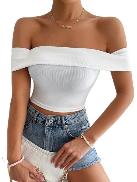 off shoulder ribbed knit b8uq#, White