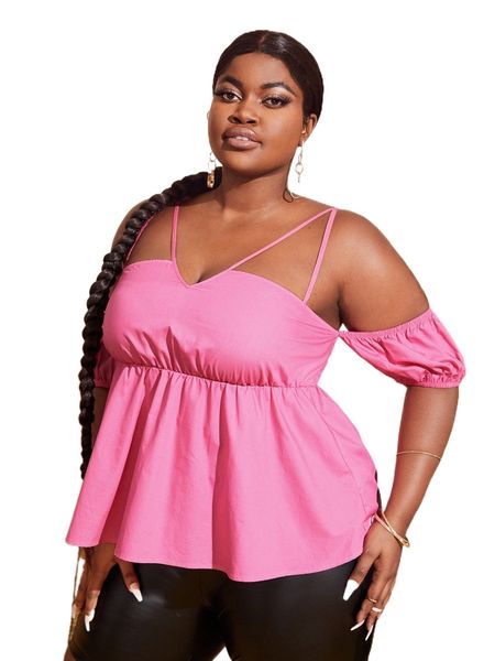 sxy plus cold shoulder backless ruffle hem a4og#, Black 
sxy plus cold shoulder backless ruffle hem a4og#, Black
