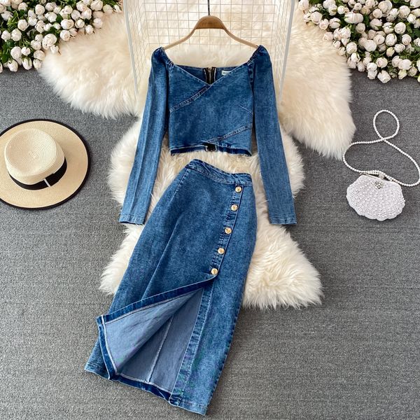 spring fall denim women two piece dress long sleeve v-neck cropped + high waist split bodycon skirt cowboy 2022, White
spring fall denim women two piece dress long sleeve v-neck cropped + high waist split bodycon skirt cowboy 2022, White