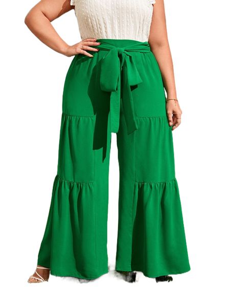 bae plus ruffle hem belted wide leg pants c8l2#, Black