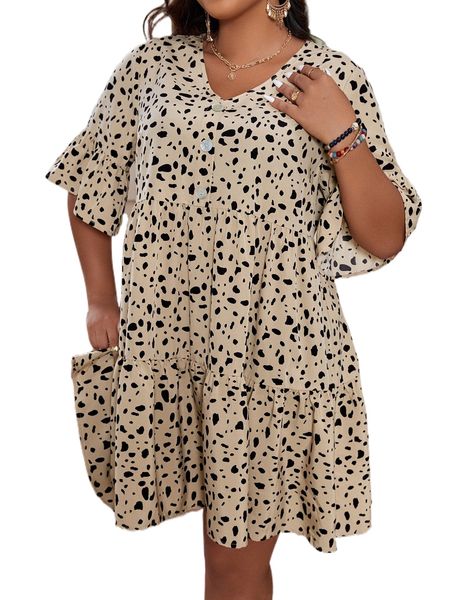 plus dalmatian print button front ruffle hem dress p7a9#, Black 
plus dalmatian print button front ruffle hem dress p7a9#, Black