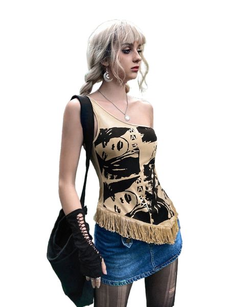 figure graphic fringe trim one shoulder x1e5#, White 
figure graphic fringe trim one shoulder x1e5#, White