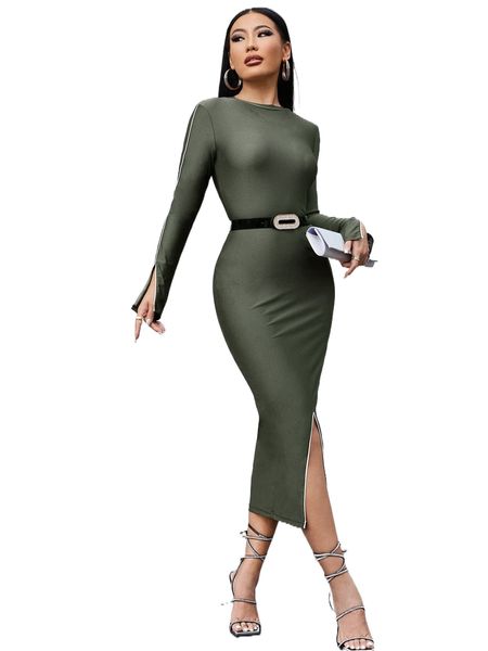 split hem bodycon dress with belt 02pn#, Black;gray