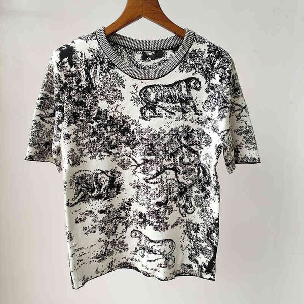 new summer jungle animal jacquard round neck short sleeve blouse women, White
new summer jungle animal jacquard round neck short sleeve blouse women, White
