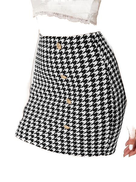 button detail houndstooth bodycon skirt j063#, Black