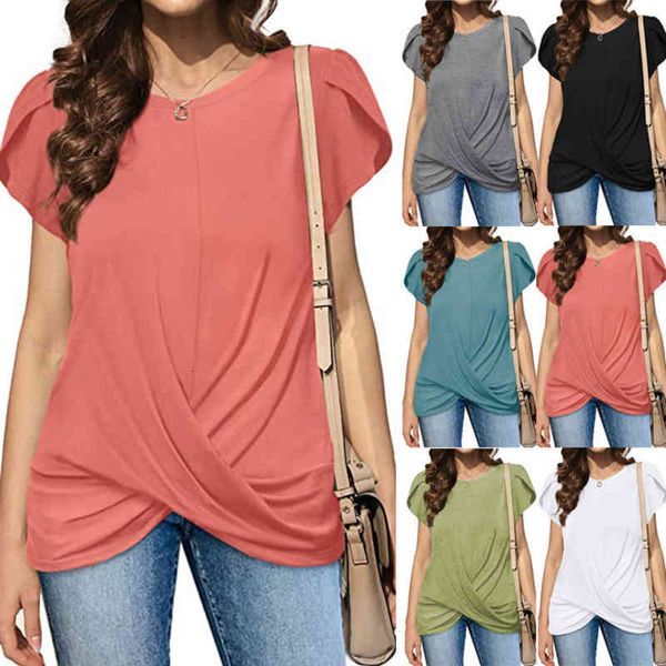 women's t-shirt 2022 women's round neck solid twisted short sleeve t-shirt tlgl, White 
women's t-shirt 2022 women's round neck solid twisted short sleeve t-shirt tlgl, White