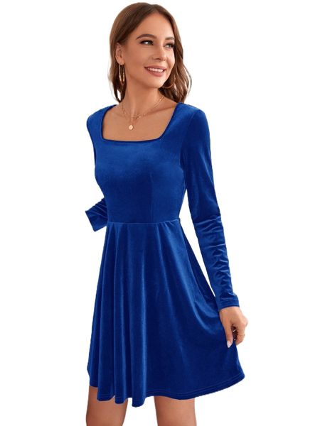 solid velvet a-line dress e3ao#, Black;gray