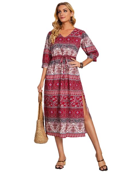 emery rose drawstring waist split thigh paisley and checked print dress v27p#, Black;gray
emery rose drawstring waist split thigh paisley and checked print dress v27p#, Black;gray
