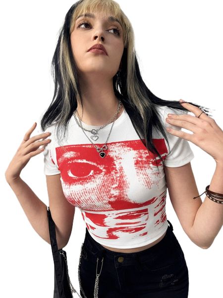 figure graphic ribbed knit tee j47d#, White 
figure graphic ribbed knit tee j47d#, White