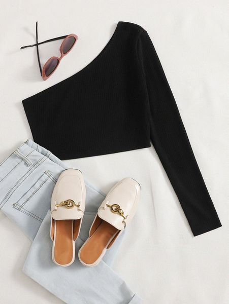 one shoulder rib-knit crop tee k20x#, White 
one shoulder rib-knit crop tee k20x#, White