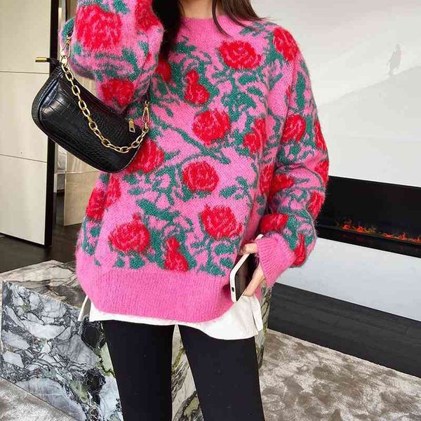 women's sweaters festive wool mohair jacquard rose lazy large loose sweater women, White;black
women's sweaters festive wool mohair jacquard rose lazy large loose sweater women, White;black