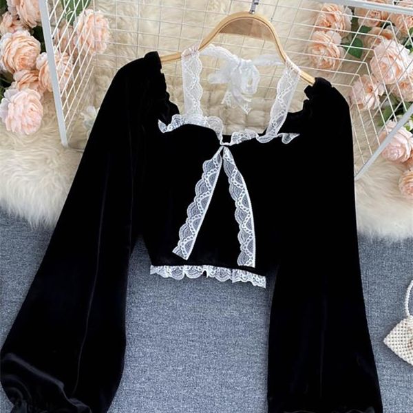 halter lace patchwork short blouse for women casual puff sleeve velvet shirt female black fashion autumn winter 220407, White
halter lace patchwork short blouse for women casual puff sleeve velvet shirt female black fashion autumn winter 220407, White