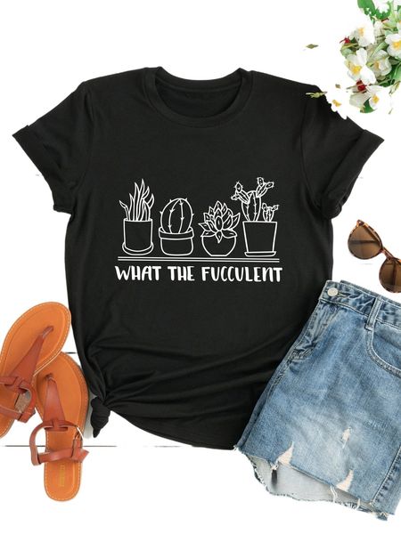 plus potted plant & letter graphic tee j0gh#, Black