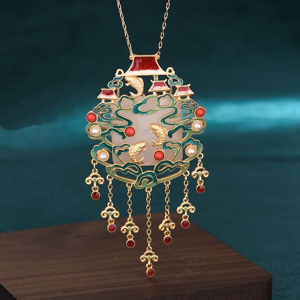 2022 new national tide new ancient gold-plated necklace hetian jade carp fish leaping dragon gate tassel necklaces for women cp445, Silver
2022 new national tide new ancient gold-plated necklace hetian jade carp fish leaping dragon gate tassel necklaces for women cp445, Silver