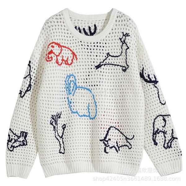 women's knits & tees early autumn cashmere knitted round neck long sleeve hollow out embroidered animal pattern loose sweater women, White 
women's knits & tees early autumn cashmere knitted round neck long sleeve hollow out embroidered animal pattern loose sweater women, White