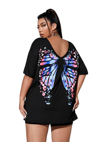 plus butterfly print drop shoulder t-shirt k2cg#, Black