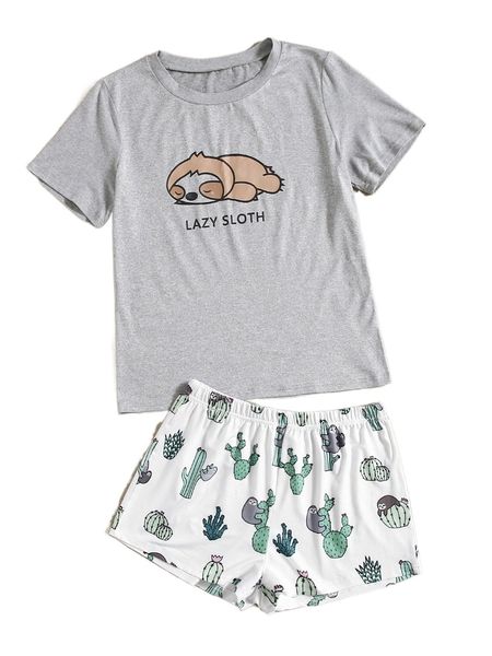 sloth and letter graphic tee & shorts pj set q4ur#, Black;red
