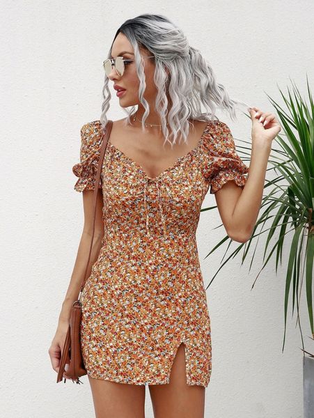 ditsy floral print tie front slit hem fitted dress o5ak#, Black;gray