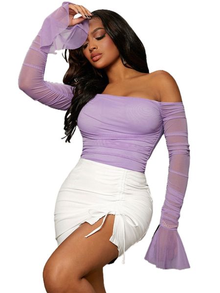 sxy off shoulder ruched trumpet sleeve mesh bodysuit d6kd#, White