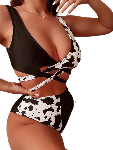 random print cross bikini swimsuit b7x2#, White;black