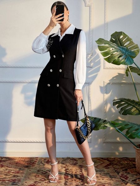 double breasted rhinestone detail sleeveless blazer dress without blouse i5tb#, White
double breasted rhinestone detail sleeveless blazer dress without blouse i5tb#, White