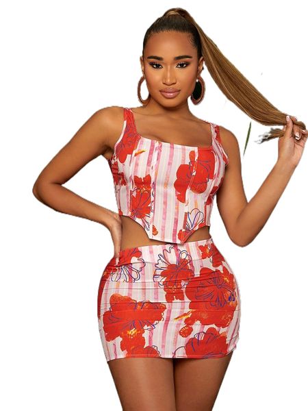 sxy striped & floral print tank & skirt t6dz#, White
