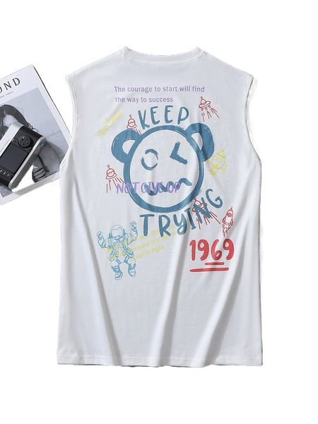 men cartoon & slogan graphic tank 60s7#, White;black 
men cartoon & slogan graphic tank 60s7#, White;black