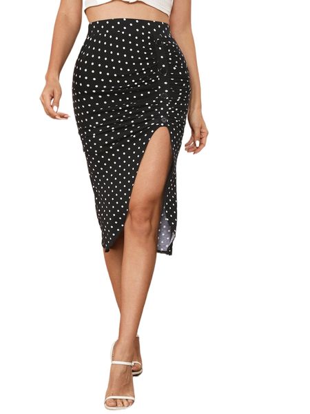 buttoned ruched asymmetrical hem polka dot skirt 880l#, Black